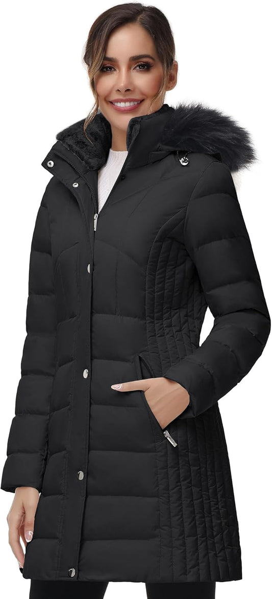 Women Winter down Puffer Coat Warm Hooded Mid-Length down Jacket for Women with Faux Fur Trim Hood and Pile Collar