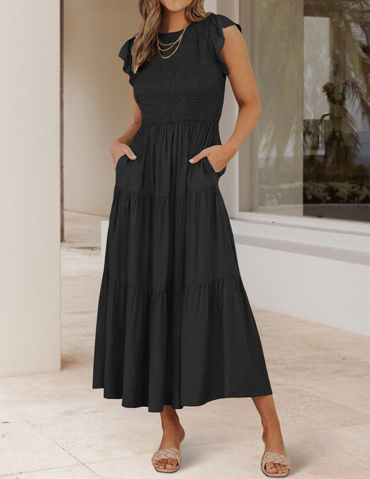 Women'S 2025 Summer Casual Flutter Short Sleeve Crew Neck Smocked Elastic Waist Tiered Midi Dress
