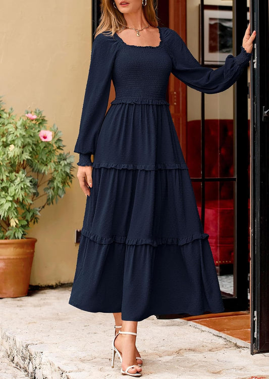 Women'S Spring Long Sleeve Smocked Maxi Dress Casual Square Neck Swiss Dot Tiered Ruffle Flowy Pocket Dresses
