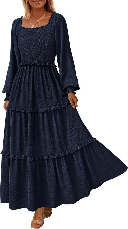 Women'S Spring Long Sleeve Smocked Maxi Dress Casual Square Neck Swiss Dot Tiered Ruffle Flowy Pocket Dresses