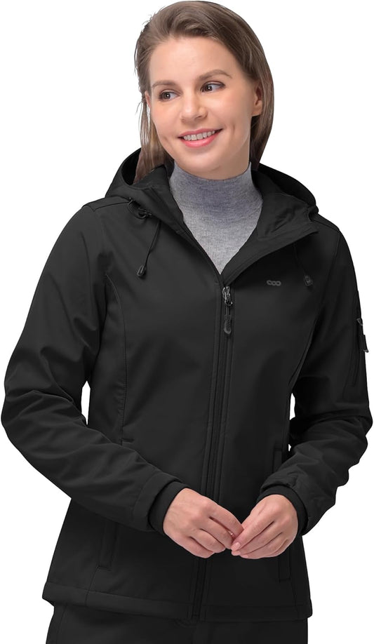 Women'S Softshell Jacket, Fleece Lined Warm Jacket Light Hooded Windproof Coat for Outdoor Hiking
