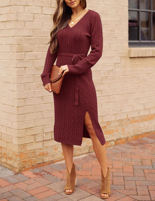 Women'S V Neck Cable Knit Sweater Dress Long Sleeve Bodycon Slit Pullover Midi Dress with Belt