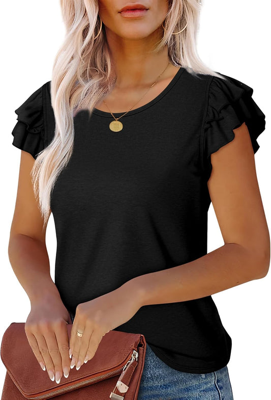 Womens T Shirts Ruffle Short Sleeve Summer Tops Cute Crew Neck Casual Blouses