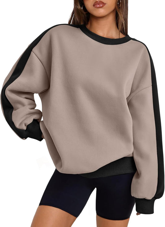 Womens Oversized Sweatshirts Crewneck Hoodies Color Block Long Sleeve Pullover Fall Cute Top Fleece Clothes