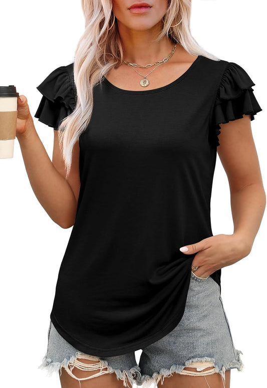 Womens T Shirts Ruffle Short Sleeve Summer Tops Cute Crew Neck Casual Blouses