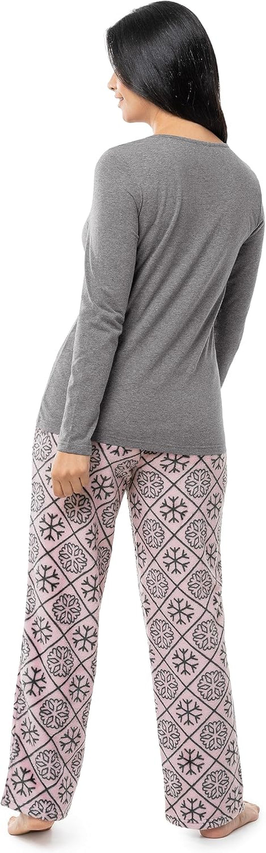 Women'S Sueded Jersey Crew Top and Fleece Pant Sleep Set
