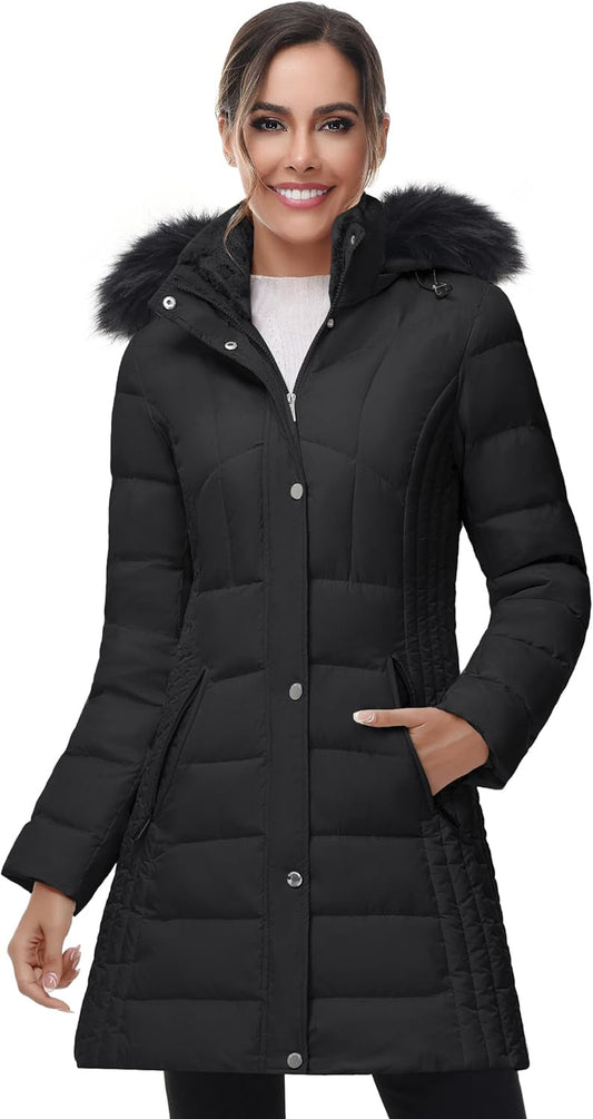 Women Winter down Puffer Coat Warm Hooded Mid-Length down Jacket for Women with Faux Fur Trim Hood and Pile Collar