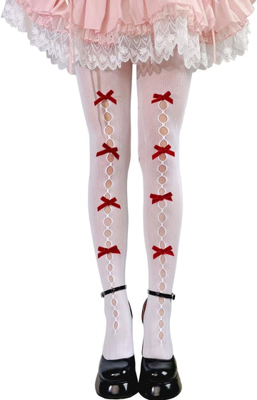 B- White Tights With Red Bow