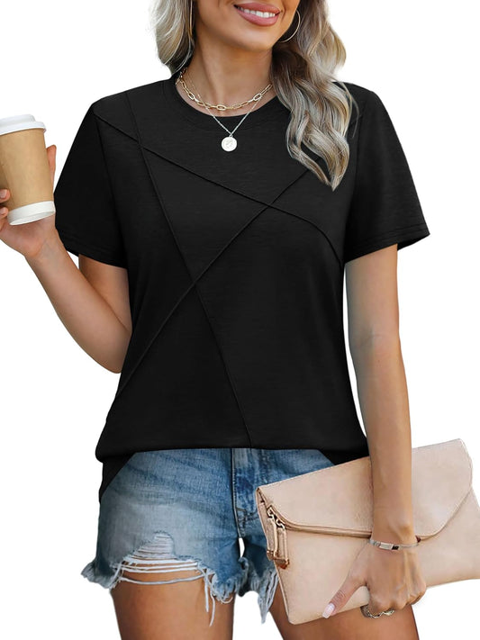 Womens Summer Tops 2025 Pleated round Neck Short Sleeve Shirts Business Casual