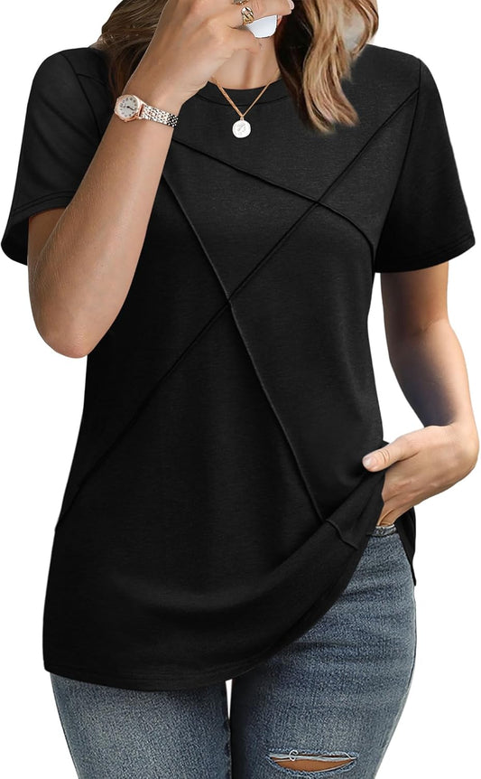 Womens Summer Tops 2025 Pleated round Neck Short Sleeve Shirts Business Casual