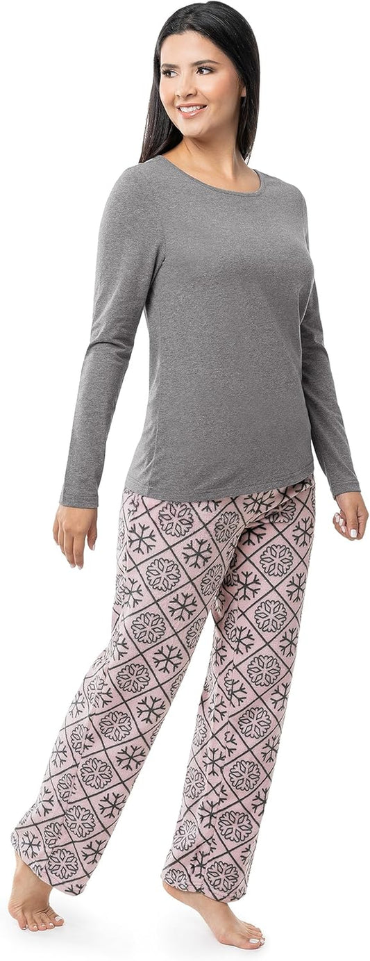 Women'S Sueded Jersey Crew Top and Fleece Pant Sleep Set