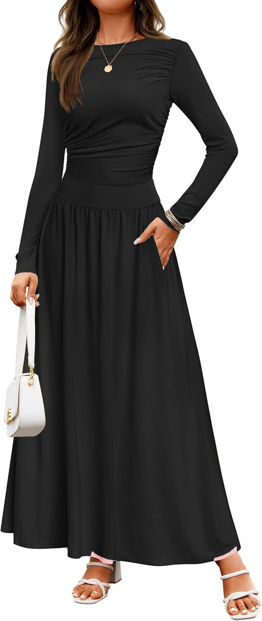 Women'S Long Sleeve Spring Maxi Dress 2025 Crewneck Knit Casual Slim Swing Pleated Dresses with Pockets