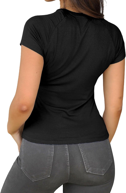 2024 Women Casual Activewear T Shirts Basic Crewneck Raglan Short Sleeve Slim Tight Fit Going Out Tops