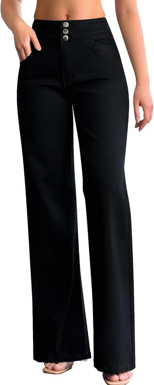 Women'S Wide Leg Jeans Casual High Waisted Stretch Baggy Loose Denim Pants