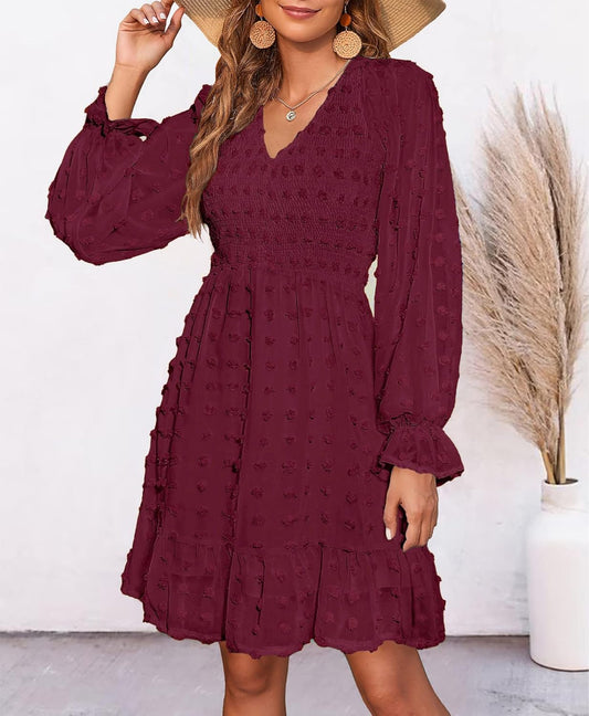 Women V Neck Smocked Short Dress Long Sleeve Flowy Casual Swiss Dot Ruffle Chiffon Mini Summer Fall Dresses 2025