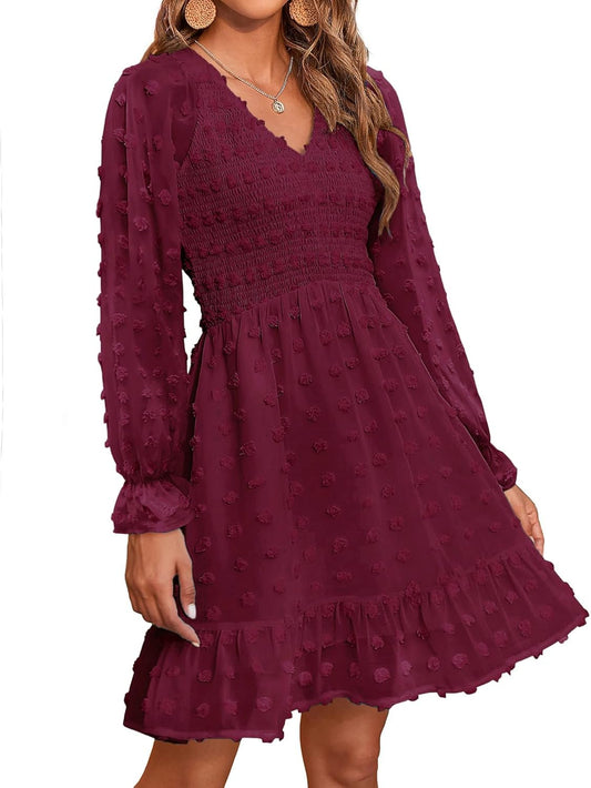 Women V Neck Smocked Short Dress Long Sleeve Flowy Casual Swiss Dot Ruffle Chiffon Mini Summer Fall Dresses 2025