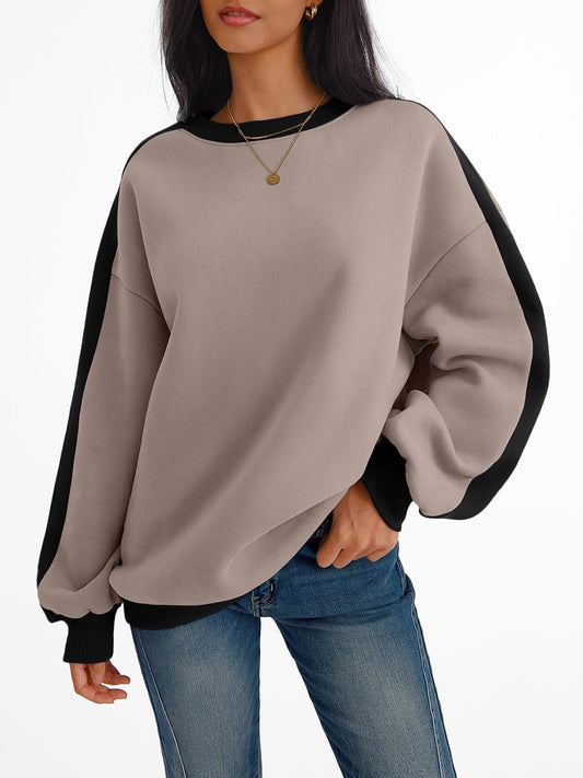 Womens Oversized Sweatshirts Crewneck Hoodies Color Block Long Sleeve Pullover Fall Cute Top Fleece Clothes
